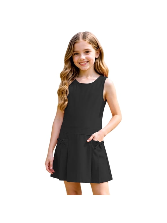 Girls School Jumper Dress Preppy Sleeveless Pinafore Dress with Pockets, Black, Sizes 3-12