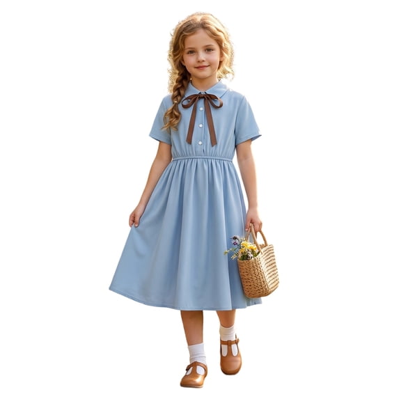 WOYY Girls School Short Sleeve A Line Dress Casual Button Front Bowknot Midi Dress, Navy