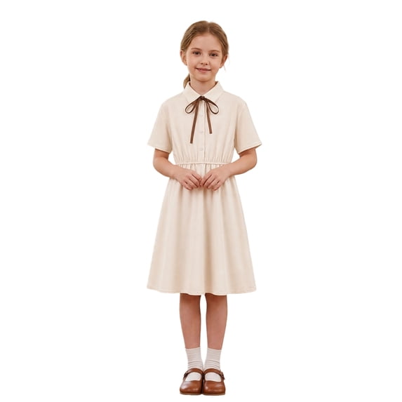 WOYY Girls School Short Sleeve A Line Dress Casual Button Front Bowknot Midi Dress