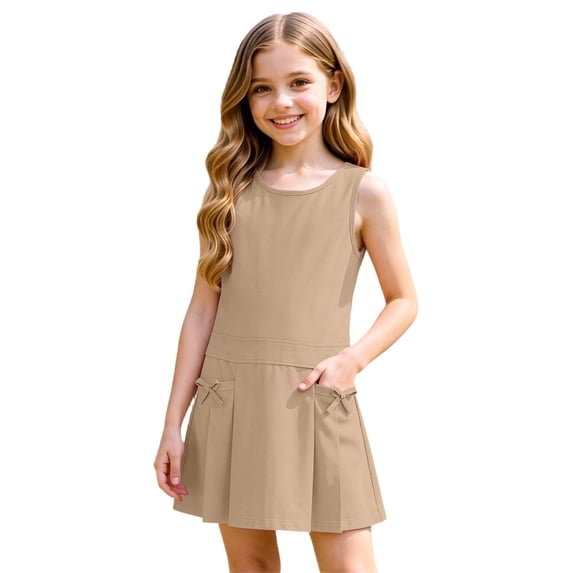 WOYY Girls School Uniform Jumper Dress Preppy Sleeveless Pinafore Dress with Pockets, Khaki, Sizes 3-12