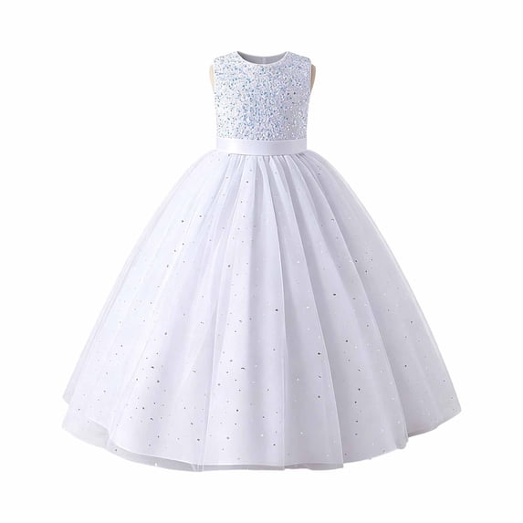 WOYY Girls Sequin Evening Party Gown Elegant Tulle Princess Dress Pageant Gown, White, Sizes 7-12