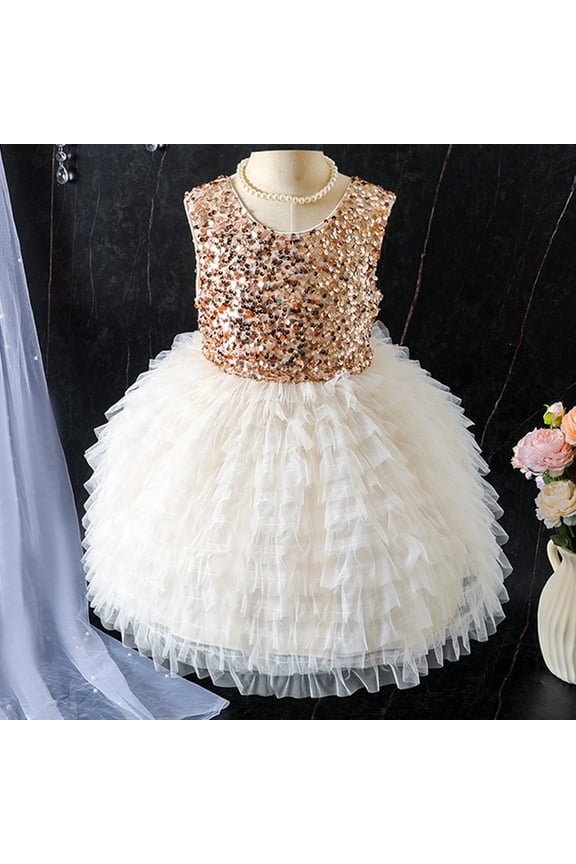 Girls Sequins Mesh Layered Birthday Party Dress Elegant Prom Princess Dress, Sizes 2-8