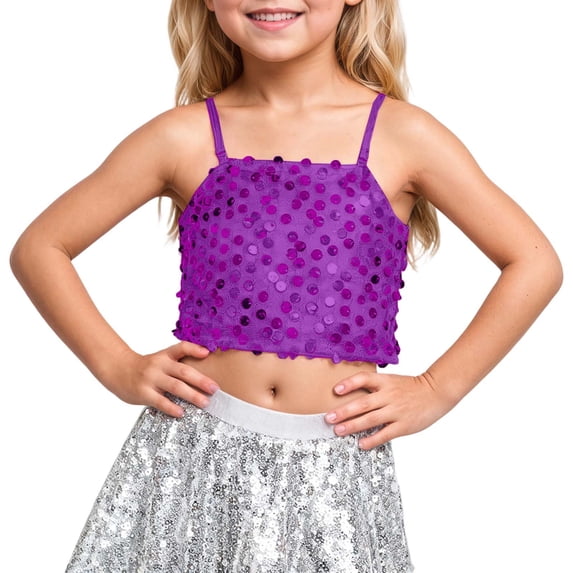 WOYY Girls Shiny Camisole Adjustable Strap Crop Top Stage Performance Party Top, Sizes 7-9