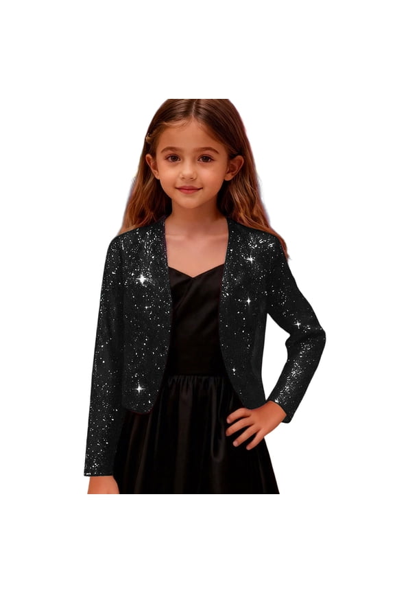 Girls Shiny Formal Party Blazer Glitter Dressy Cardigan Suit Jacket, Sizes 4-14