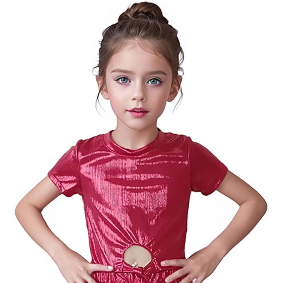 WOYY Girls Shiny Metallic Dancewear Short Sleeve T-Shirt Stage Dance Party Tee, Sizes 13-16
