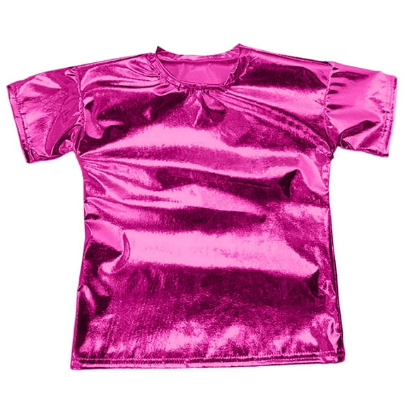 WOYY Girls Shiny Metallic Short Sleeve Tee Solid Stretch Crew Neck T-Shirt Top, Sizes 18-24 Months