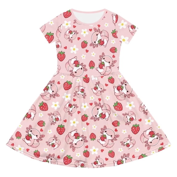 WOYY Girls Short Sleeve Casual Dress Cute Cartoon Print Crewneck Dress, Pink, Sizes 4-14