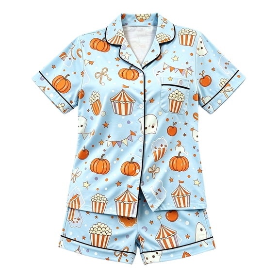 WOYY Girls Short Sleeve Halloween Pajamas Button Down Shirt Shorts Sleepwear, Sizes 2-16