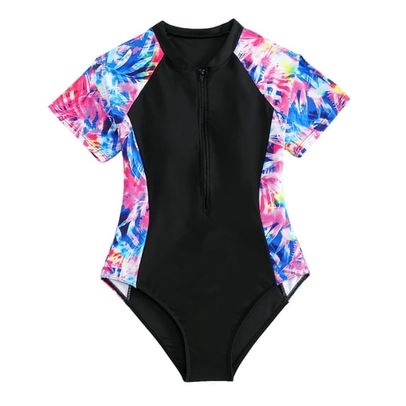 WOYY Girls Short Sleeve Rashguard One-Piece Swimsuit Quick Drying Swimwear, Sizes 8-9