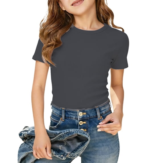 WOYY Girls Short Sleeve T Shirts Summer Slim Fit Crew Neck Ribbed Knit Tees, Sizes 5-14