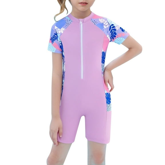 WOYY Girls Short Sleeve Zipper One-Piece Swimsuit Quick Dry Surf Bathing Suit, Sizes 6-11