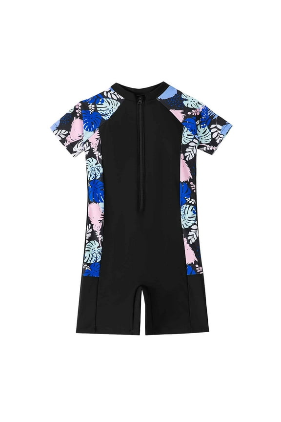 Girls Short Sleeve Zipper One-Piece Swimsuit Quick Dry Surf Bathing Suit, Sizes 6-11