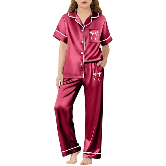 WOYY Girls Silk Pajamas Short Sleeve Button Down Top Pants Satin PJ Sleepwear, Sizes 3-14