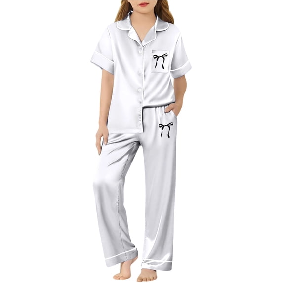 WOYY Girls Silk Pajamas Short Sleeve Button Down Top Pants Satin PJ Sleepwear, Sizes 3-14