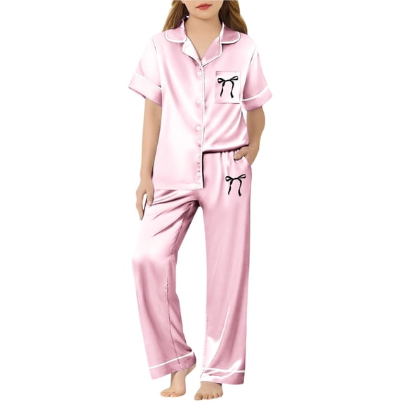 WOYY Girls Silk Pajamas Short Sleeve Button Down Top Pants Satin PJ Sleepwear, Sizes 3-14