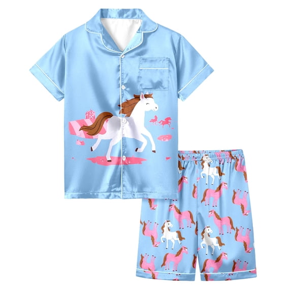 WOYY Girls Silk Satin Pajamas Horse Print Button Down Shirt Shorts PJs,2-Piece, Sizes 2-13