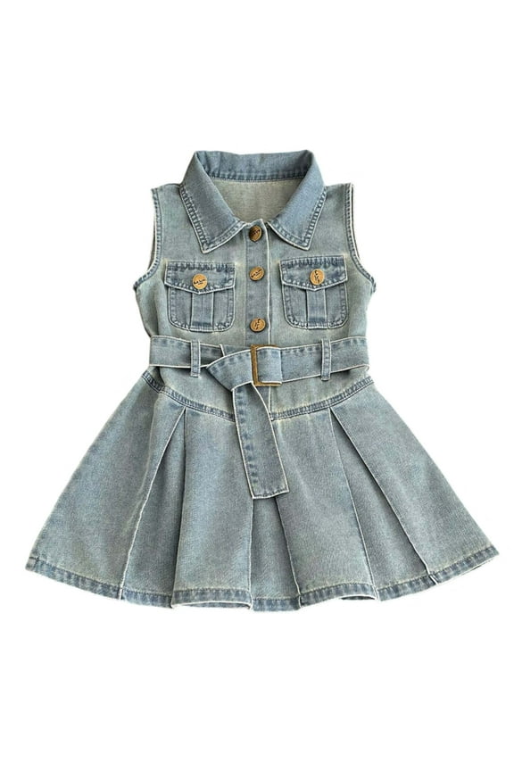 Girls Sleeveless Denim Shirt Dress Summer Casual Pleated Dress with Belt, Sizes 1-7