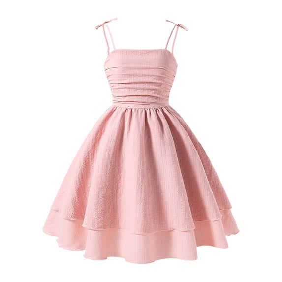 WOYY Girls Dress Casual Party Bow-Tie Straps Ruched Layered Swing Dress, Pink, Sizes 7-12