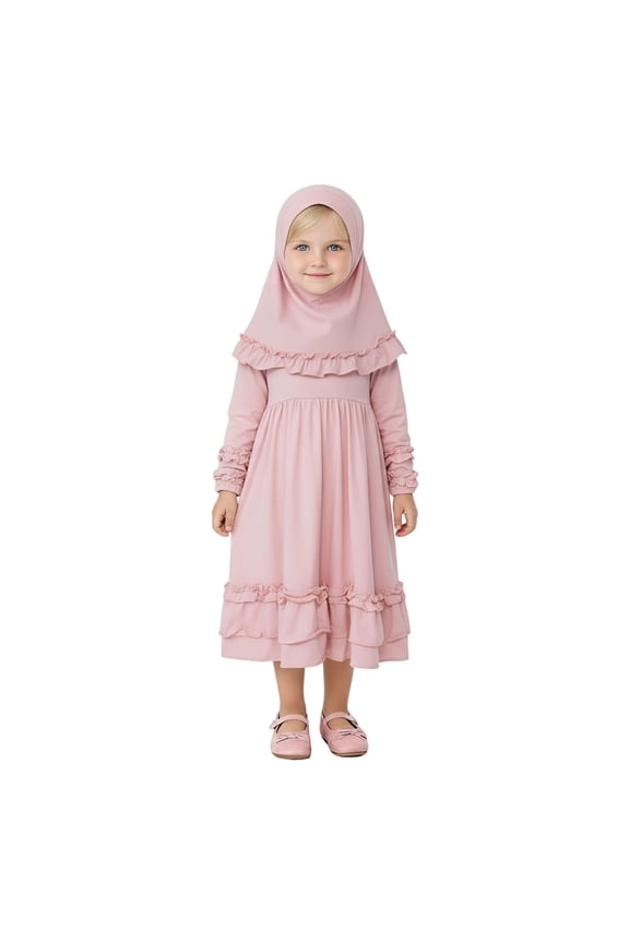 Girls' Solid Color Ruffle Abaya with Hijab Robe Burka Maxi Dress Outfits Kids Clothing Sets, Sizes 1-2