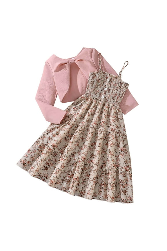 Girls Spring Outfits Floral Print Dress Long Sleeve Cardigan Shirt Kids Clothing Sets, Sizes 7-12
