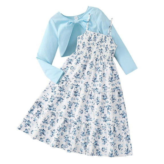 WOYY Girls Spring Outfits Floral Print Dress Long Sleeve Cardigan Shirt Kids Clothing Sets, Sizes 7-12