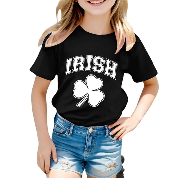 WOYY Girls St. Patrick's Day Short Sleeve T-Shirt Unisex Kids Crew Neck T Shirt, Sizes 1-13