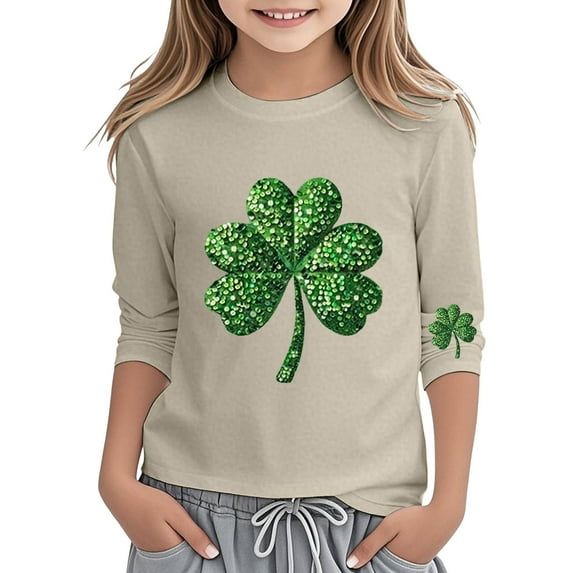 WOYY Girls St. Patrick's Day T-Shirt Three Quarter Sleeve Crew Neck T Shirt, Sizes 3-13