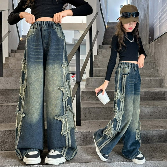 WOYY Girls Star Embroidery Ripped Jeans Denim Elastic Wasit Wide Leg Baggy Pants Trousers