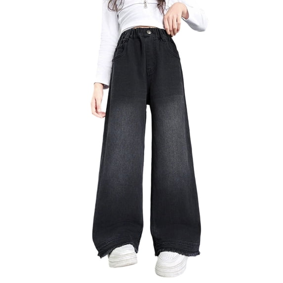 WOYY Girls Straight Leg Baggy Jeans High Waisted Pull On Denim Pants, Sizes 5-6