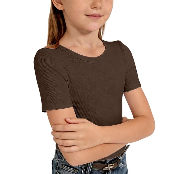 WOYY Girls Stretch Ribbed Long Sleeve T-Shirt Casual Slim Fit T Shirt Undershirt, Sizes 7-14