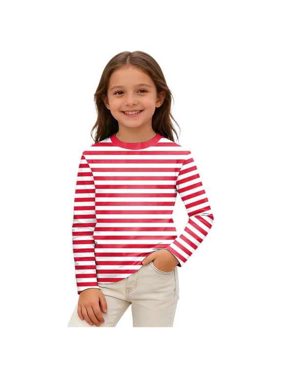 Girls Stripe Long Sleeve T-Shirt Crew Neck T Shirt Casual Unisex Tshirt, Sizes 3-14