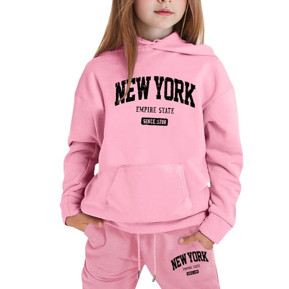 WOYY Girls Stylish Outfits New York Print Hooded Sweatshirt Joggers Set Children's Clothes Sets, Sizes 1-9