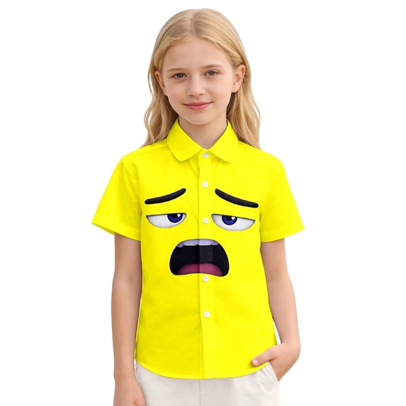 WOYY Girls Summer Beach Shirt Cartoon Expression Short Sleeve Button Down Shirt, Sizes 3-15