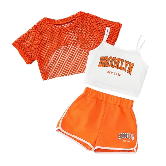 WOYY Girls Summer Outfits 3 Piece Sleeveless Camisole Fishnet Tee Shorts Set, Sizes 5-14