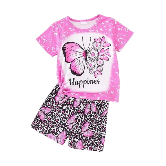 WOYY Girls Summer Outfits Butterfly Graphic Short Sleeve T Shirt Leopard Shorts Set Fashion Kids Clothes, Sizes 7-8
