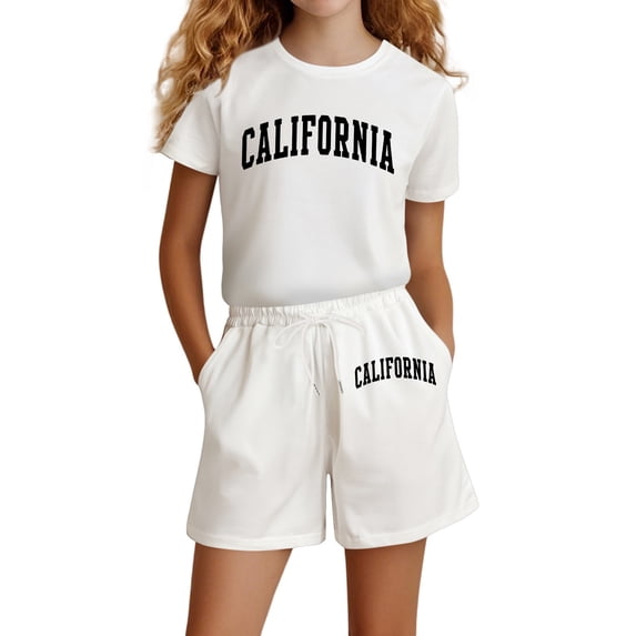 WOYY Girls Summer Outfits California Print Short Sleeve T-Shirt Shorts Set, Sizes 4-14