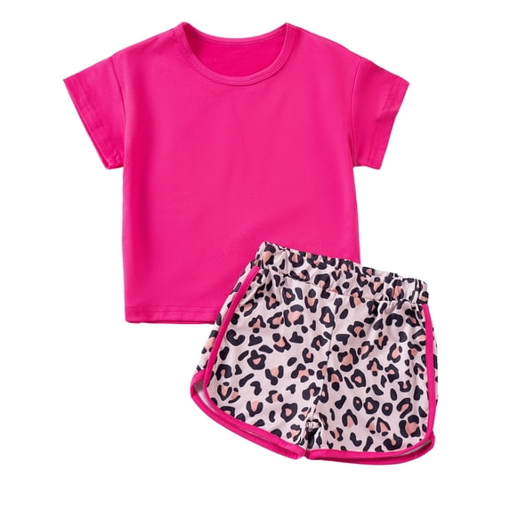 WOYY Girls Summer Outfits Casual Active Short Sleeve T-Shirt Leopard Shorts Set for Kids, Sizes 4-5