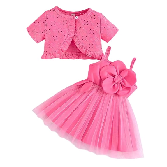 WOYY Girls Summer Outfits Flower Sleeveless Tutu Dress Ruffle Eyelet Cardigan Coat 2Pcs Set Children's Clothes Sets, Sizes 3-4