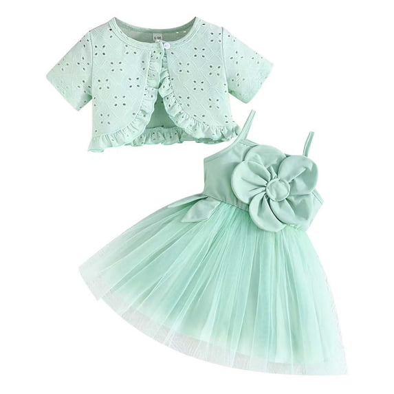 WOYY Girls Summer Outfits Flower Sleeveless Tutu Dress Ruffle Eyelet Cardigan Coat 2Pcs Set Children's Clothes Sets, Sizes 9-12 Months