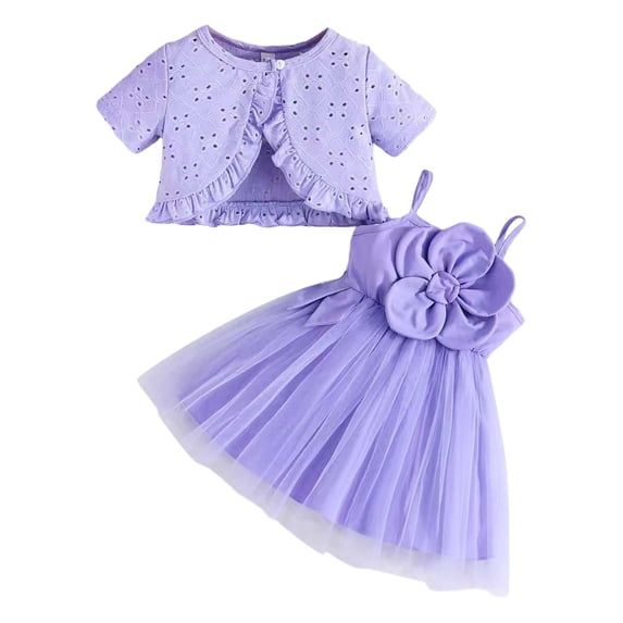 WOYY Girls Summer Outfits Flower Sleeveless Tutu Dress Ruffle Eyelet Cardigan Coat 2Pcs Set, Sizes 9-12 Months