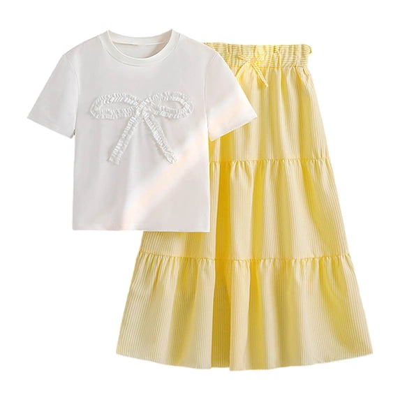 WOYY Girls Summer Outfits Ruffle Bow Short Sleeve T-Shirt Tiered Skirt Set, Sizes 7-12