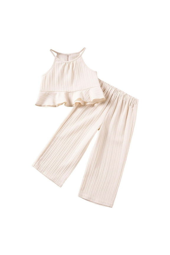 Girls Summer Outfits Solid Color Knit Ruffle Sleeveless Top with Wide Leg Pants