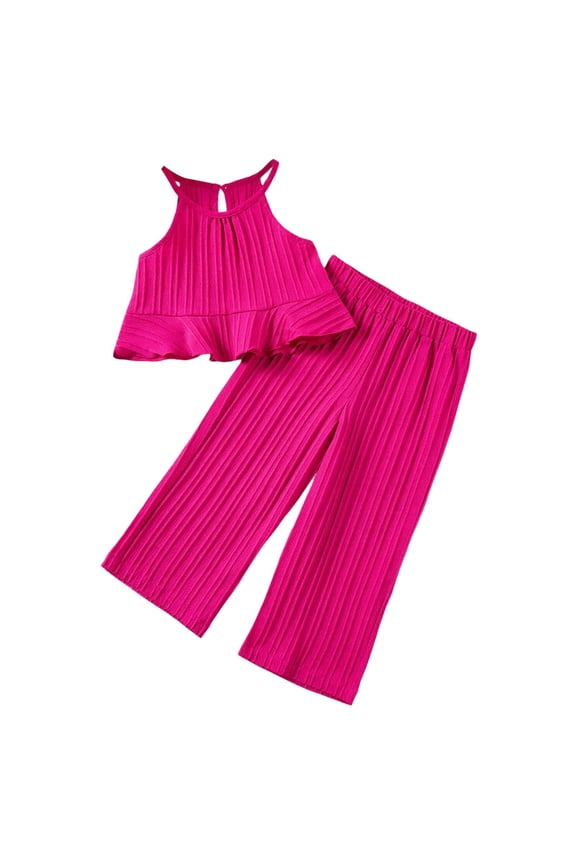 Girls Summer Outfits Solid Color Knit Ruffle Sleeveless Top with Wide Leg Pants