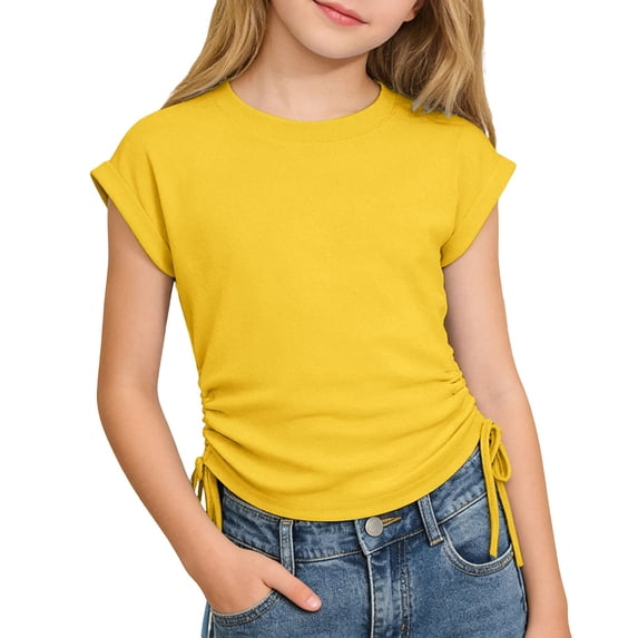 WOYY Girls Summer Short Sleeve T-Shirt Casual Solid Side-Drawstring Tunic Top, Sizes 12-13