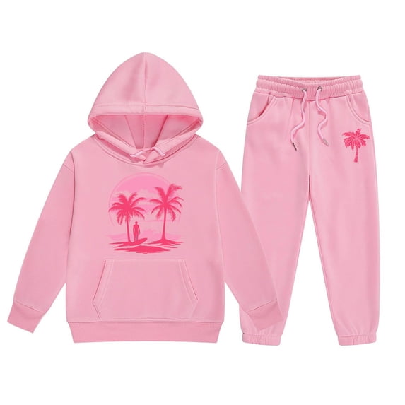 WOYY Girls Sweatsuit Coconut Tree Print Hoodie Sweatpants Outfits Fashion Kids Clothes, Sizes 1-9