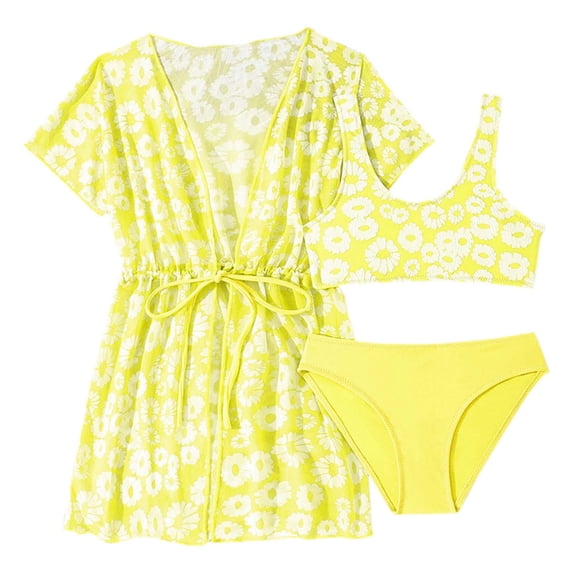 WOYY Girls Swimsuit Floral Bikini Set with Mesh Cover Up Beach Bathing Suit, 3-Piece, Sizes 12-13