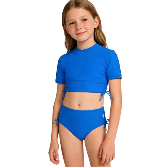 WOYY Girls Swimsuit Side-Tie Short Sleeve Cropped Rashguard Bathing Suit, Sizes 5-14