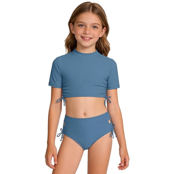 WOYY Girls Swimsuit Side-Tie Short Sleeve Cropped Rashguard Bathing Suit, Sizes 5-14