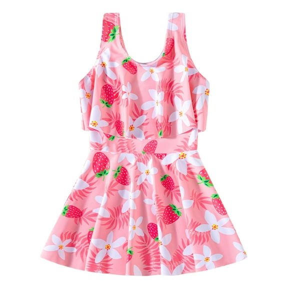 WOYY Girls Swimwear Cute Flower Strawberry Print Swim Dress One-Piece Swimsuit