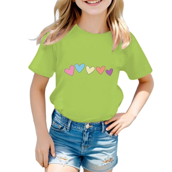WOYY Girls T-Shirt Heart Print Short Sleeve Crew Neck T Shirt Kids Tee, Sizes 3-14